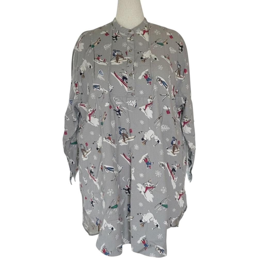 Eddie Bauer Flannel Nightgown Womens L Gray Ski Print Cotton Sleep Shirt Vintage